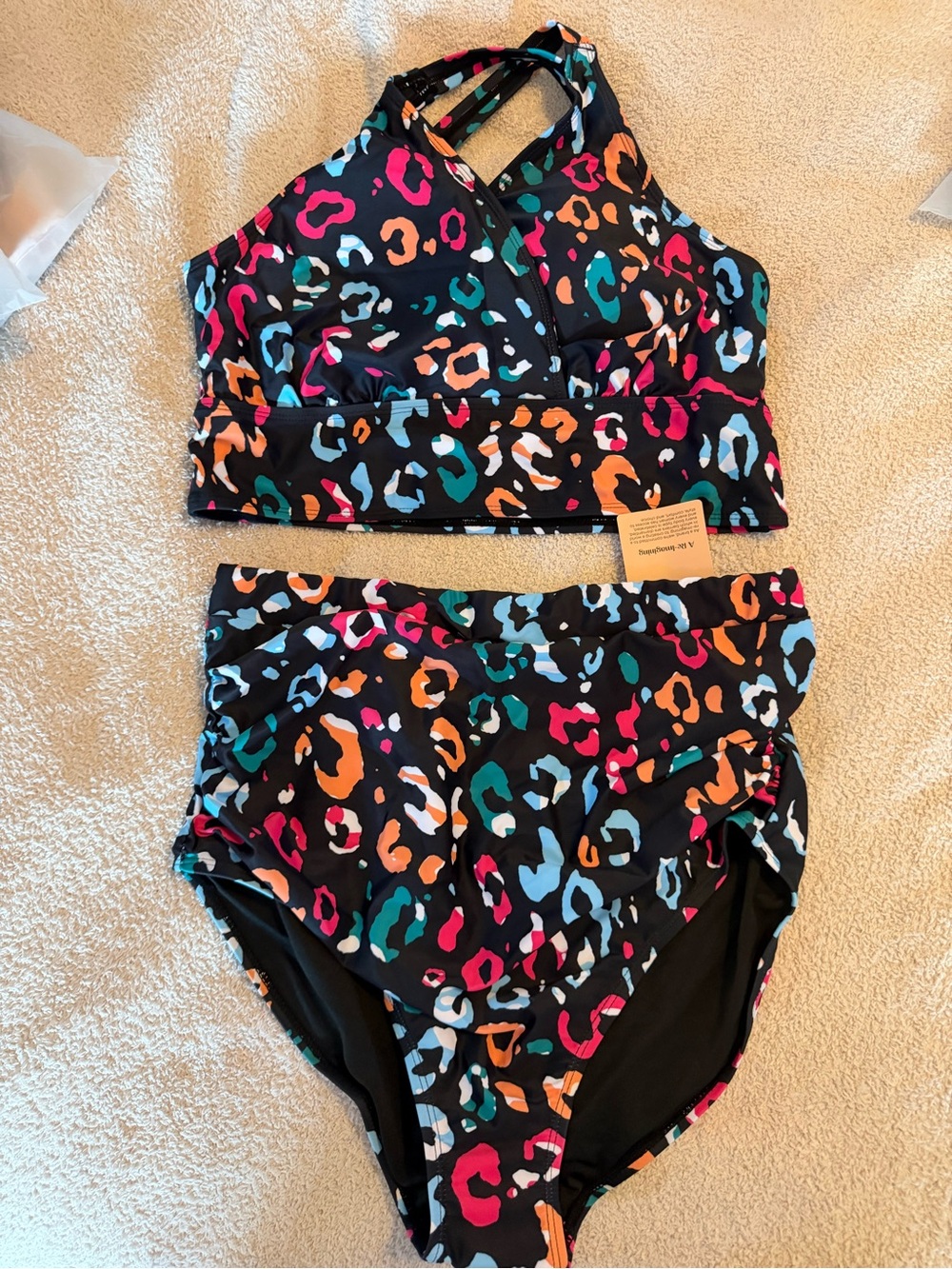 Girls' Leopard Spot High-Waist Two-Piece Swim Set in Black with Multi Colors